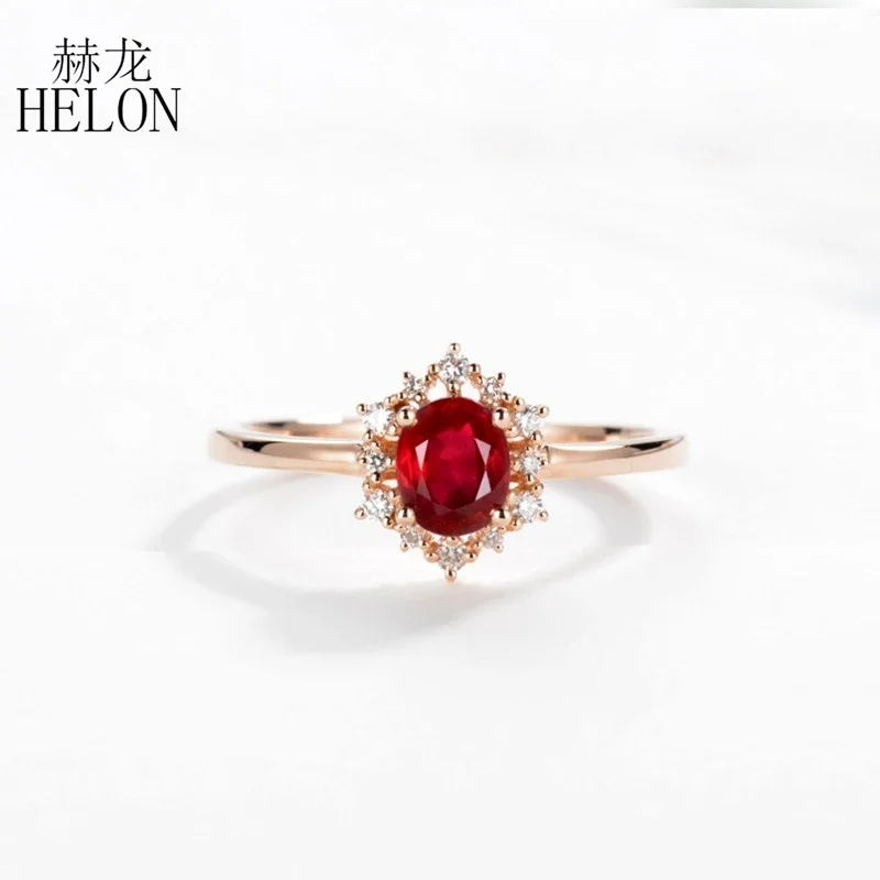 HELON Oval Cut 4x5mm Ruby Ring Solid 18k Rose Gold Engagement Wedding Natural Diamonds Ring Genuine Gem Fine Jewelry Gift