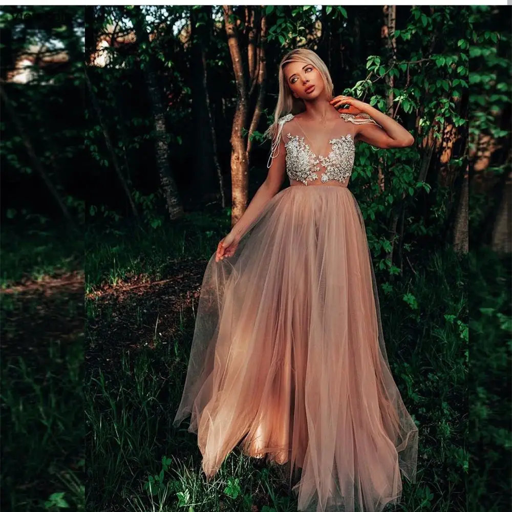 بوهو الشمبانيا فستان سهرة على شكل حرف a على شكل حرف v دانتيل مزين بالخرز كم كاب بدون ظهر شيفون طول الأرض فستان حفلات جديد