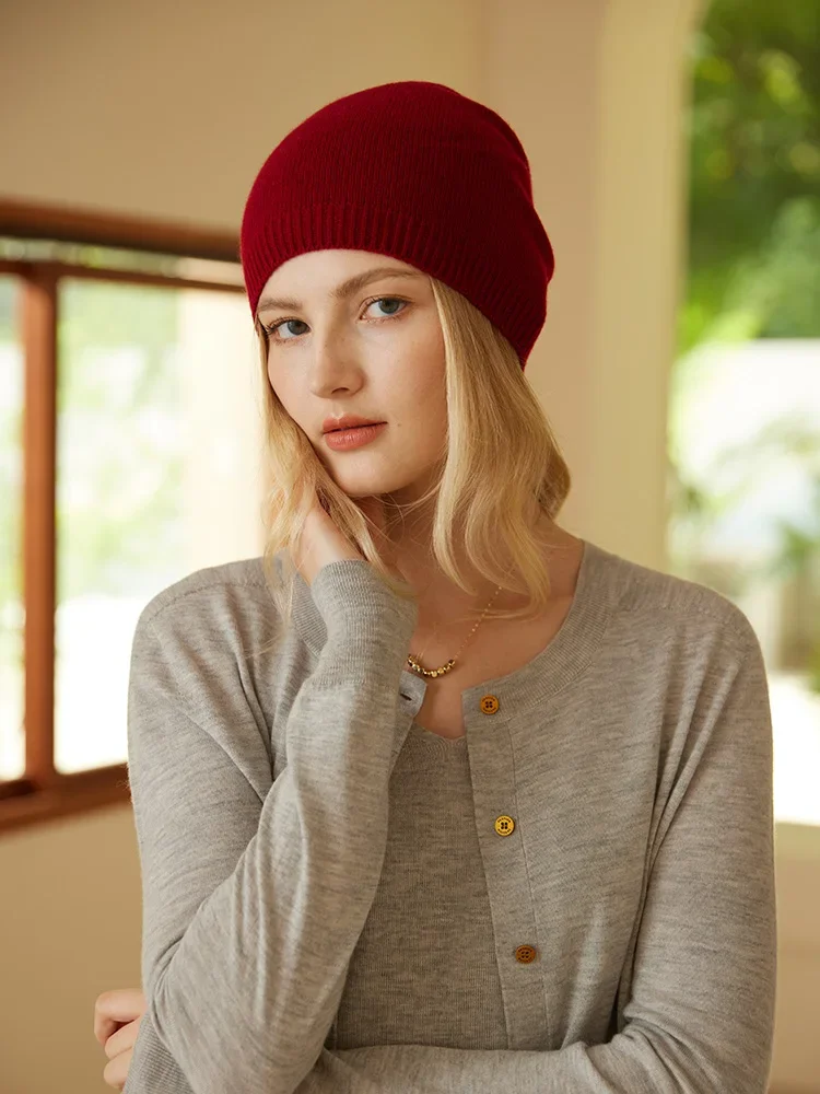 100% Cashmere Beanies Ribbed Hem Women Unibody Caps Knit to Shape Hat Autumn Winter Basic Real Cashmere Warm Hair Bonnet 2023