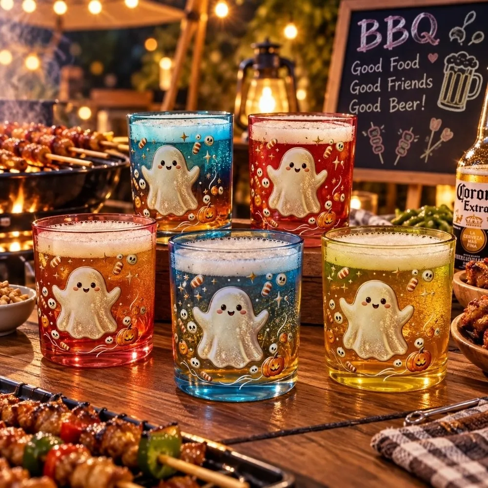 Personalized Clear Ghost Glass Cup Pumpkin Skull Print Decorations Halloween Glass 2D Pattern Cute Funny Wine Glass Home Decor