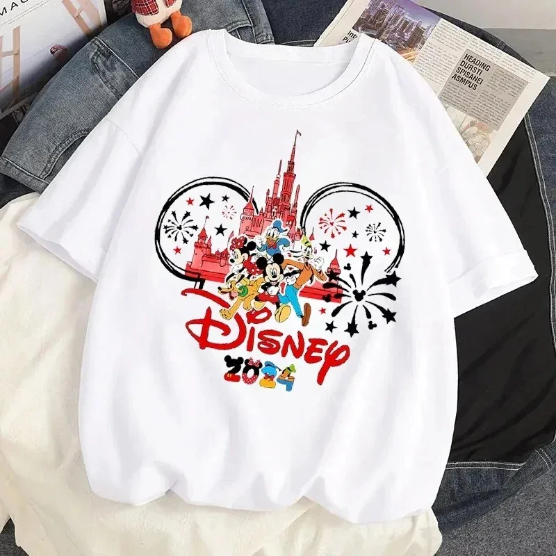 Disney Fashion Cartoon T-shirt 2024 New Year Trip Family Vacation T-shirt Clothes Summer Women Casual O-Neck T Shirt Streetwear