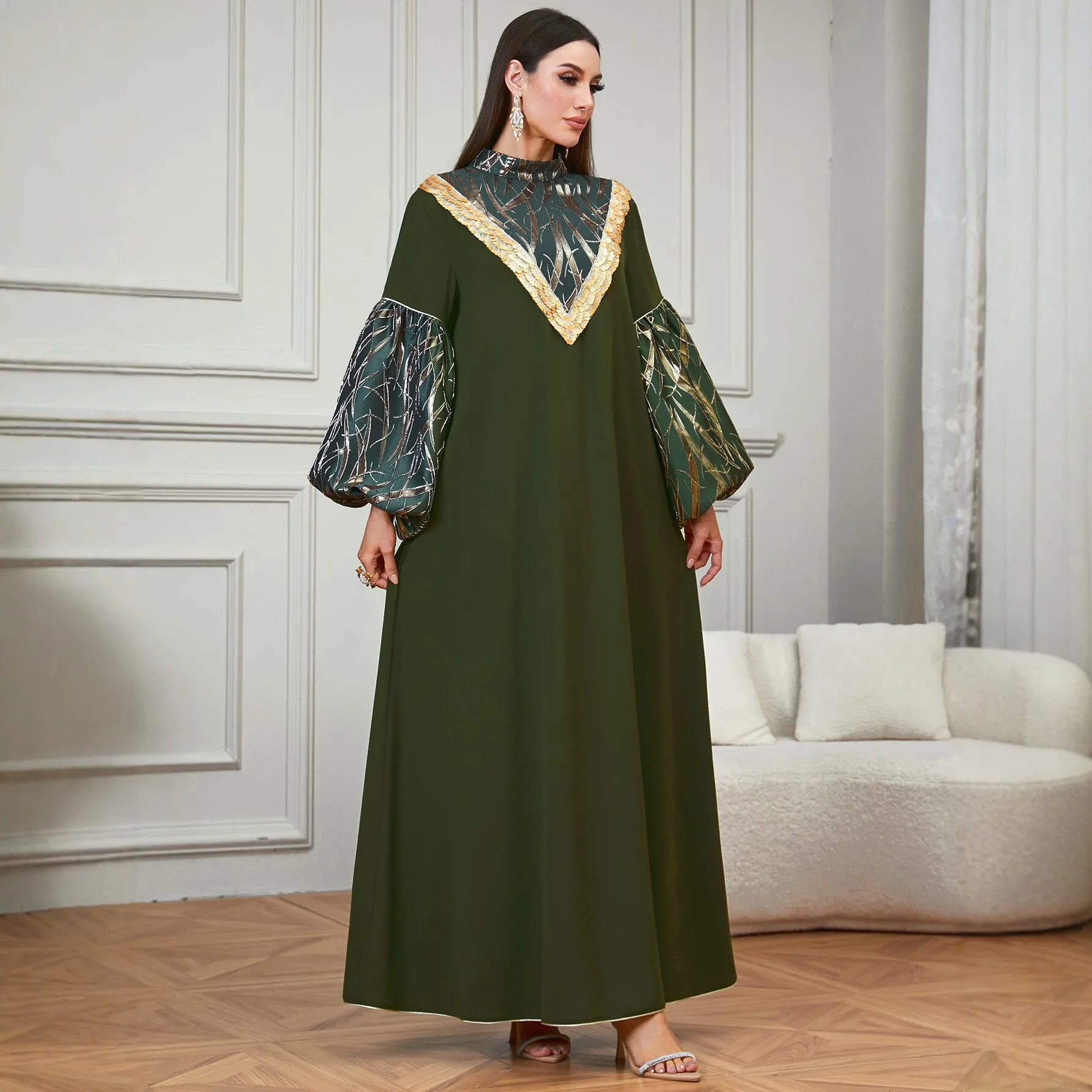 

Fashion Ethnic Style Long Dress Women Puff Sleeve Sequins Robe Modest Party Gown Fashion Islam Clothing Musulmane Femme Vestidos