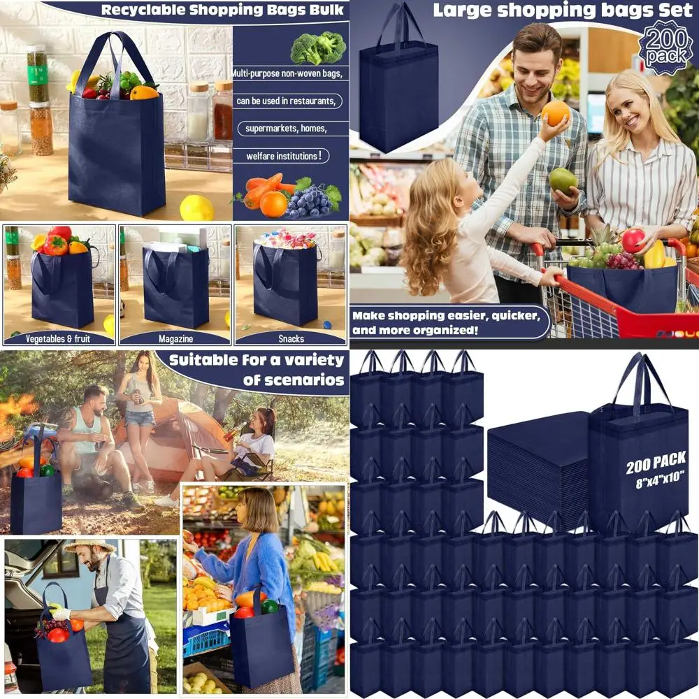 حقائب يد قابلة لإعادة الاستخدام مكونة من 200 قطعة، مقاس 8 × 4 × 10 بوصة، غير منسوجة، بقالة باللون الأزرق الداكن وحقائب هدايا