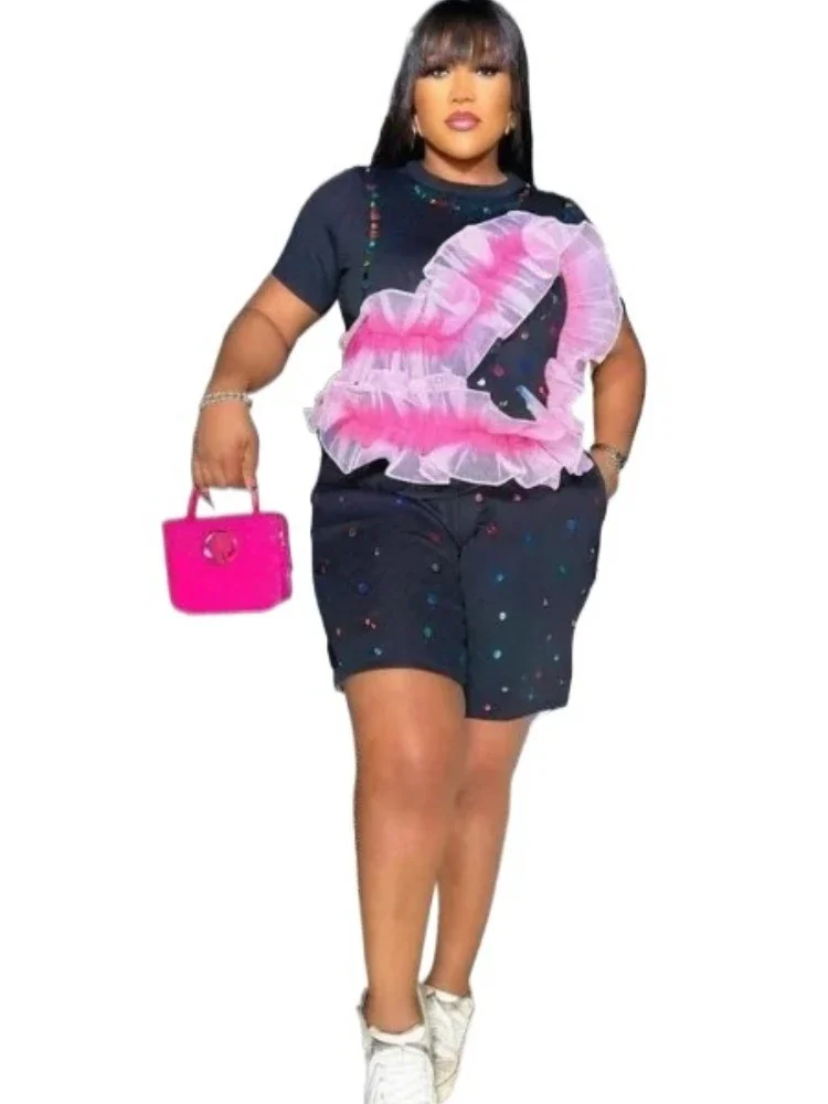 

Diamonds Hot Rhinestones Women's Set Lace Ruffles Short Sleeve T-shirt and Shorts 2025 Two 2 Piece Sets Outfit Tracksuit