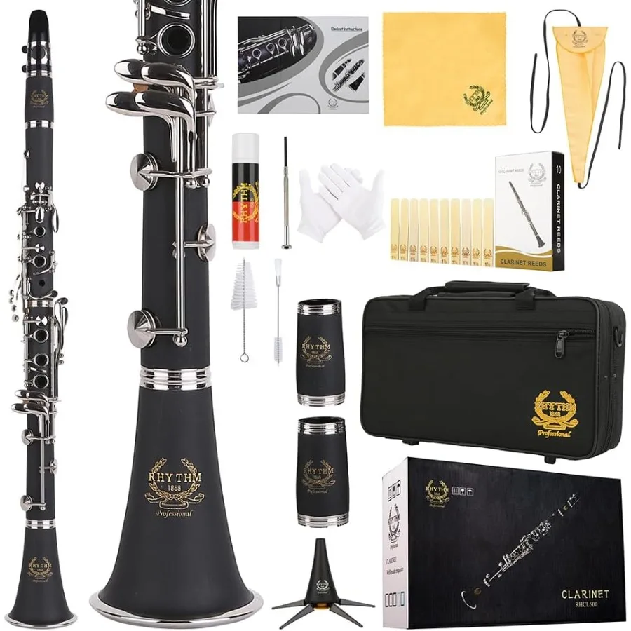 Rhythm Bb Clarinet 17 Nickel Keys Woodwind Band Orchestra Musical Instruments for Beginners Includes Case Stand 10 Reeds and Cl