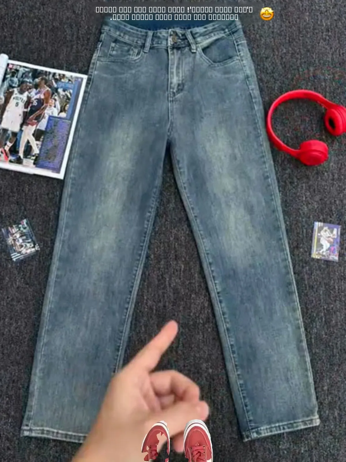 

American Retro Blue Straight Leg Men's Jeans High Street Knife Pants Fleece Lined Boys Jeans Youth Trendy Winter Long Pants