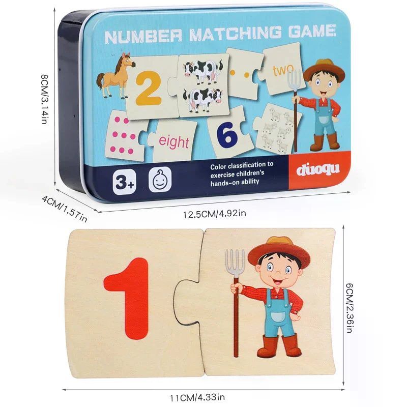 Scatola di ferro per bambini Numero Illuminazione accoppiato Cibo per animali in legno Puzzle Board Gioco di allenamento per pensiero logico Giocattoli educativi