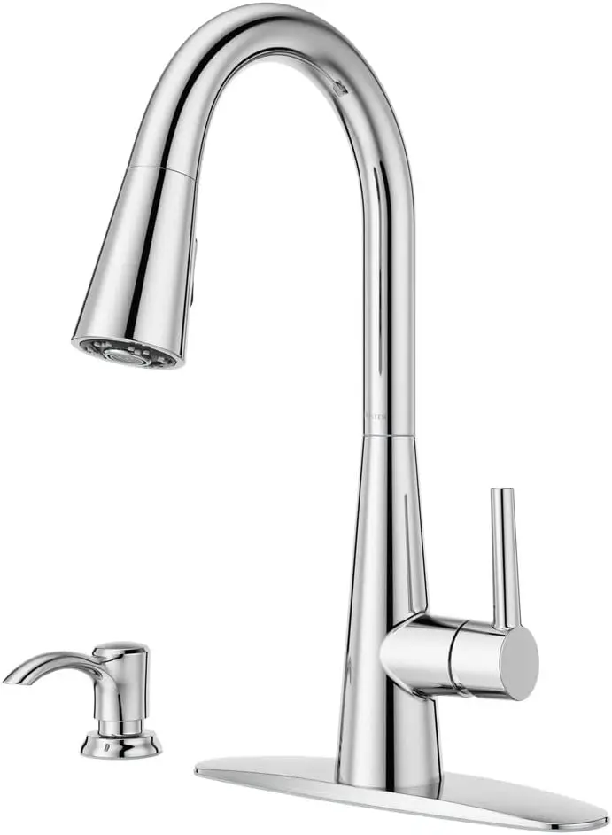 

Смеситель Barulli для кухни с выдвижным распылителем, дозатором мыла, одной ручкой, высокой дугой, полированный хром — F5297BARC