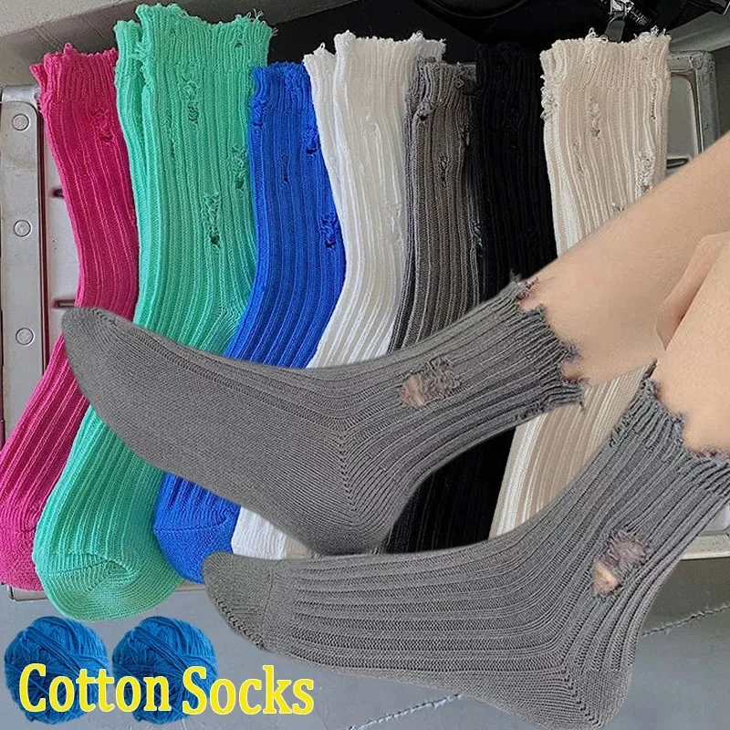 

2024 Ins Thin Ripped Socks Cool Cylinder Pure Cotton Sports Pile Socks Fashion Middle Tube Solid Sock Unisex Casual Couple Socks