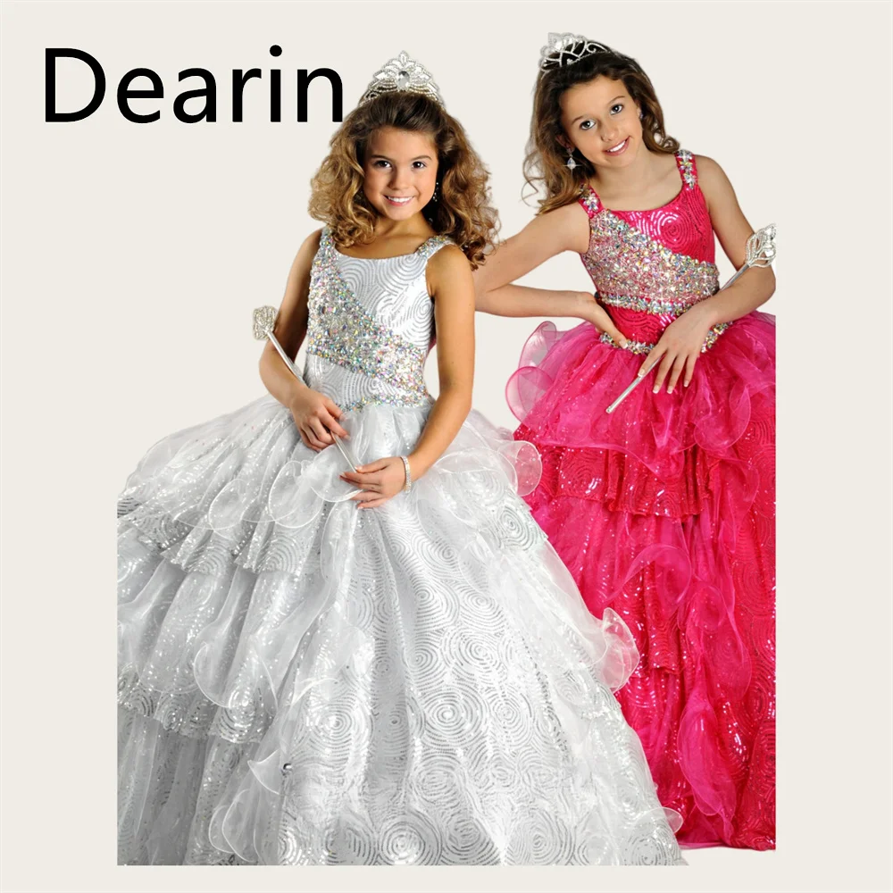 Customized Flower Girl Dress Dearin Shoulder Girdle A-line Floor Length Skirts Tulle Sequin Dresses