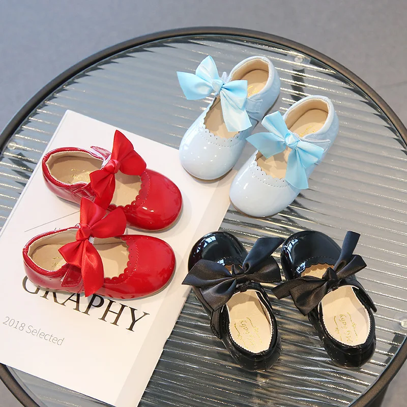 Newest Spring Autumn Baby Girls Fashion Patent Leather Big Bow Princess Mary Janes Party Shoes Solid Color Student Flats Shoes