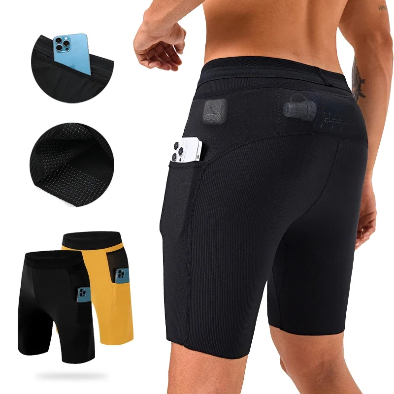 

(S-2XL)Surround Waistband Mesh Pockets Mens Quick Dry Trail Running Shorts 4" Built-in Triangle Layer Compression Undershorts