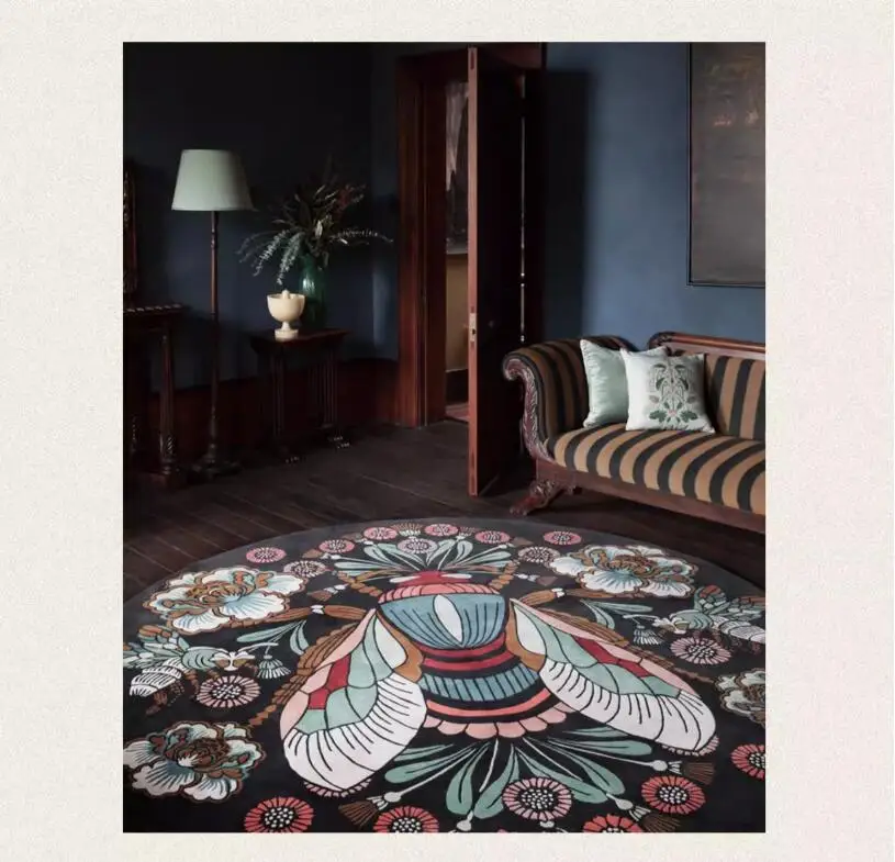 American Luxury Floral Retro Round Carpets Home Bedroom Washable Bedside Carpet For Living Room Sofa Coffee Tables Rug    Mat