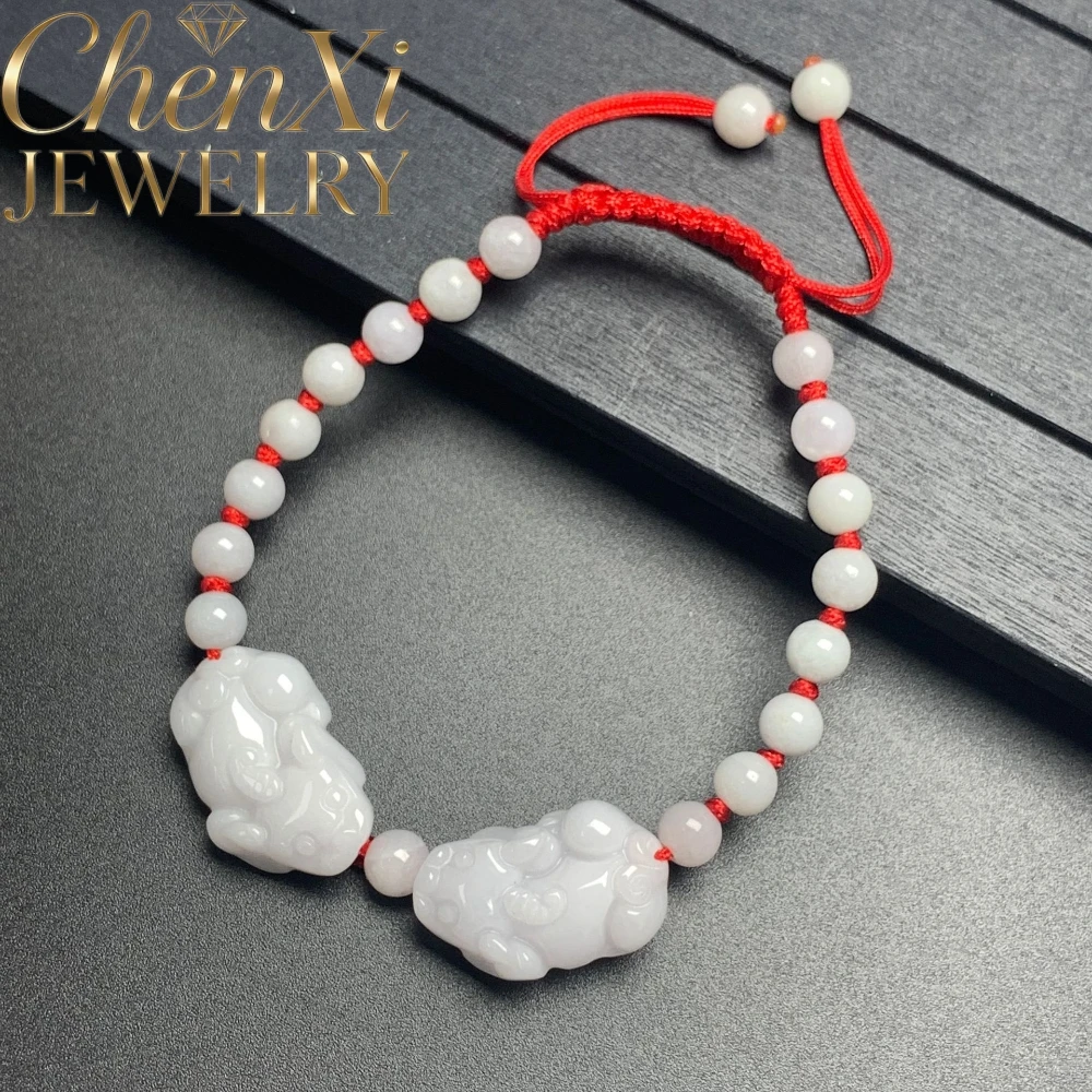 Natural Burmese Jadeite Double Kirin Charm Rope Bracelet Adjustable Braided Wrist Ornament Traditional Jewelry Exquisite Gift