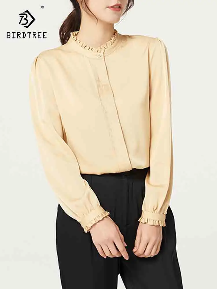 Birdtree 23MM 93% Silk 7% Spandex 2023 Spring Autumn Shirt Women's Ruffled Stand Neck Long Sleeve OL Commuter Blouse T39252QC