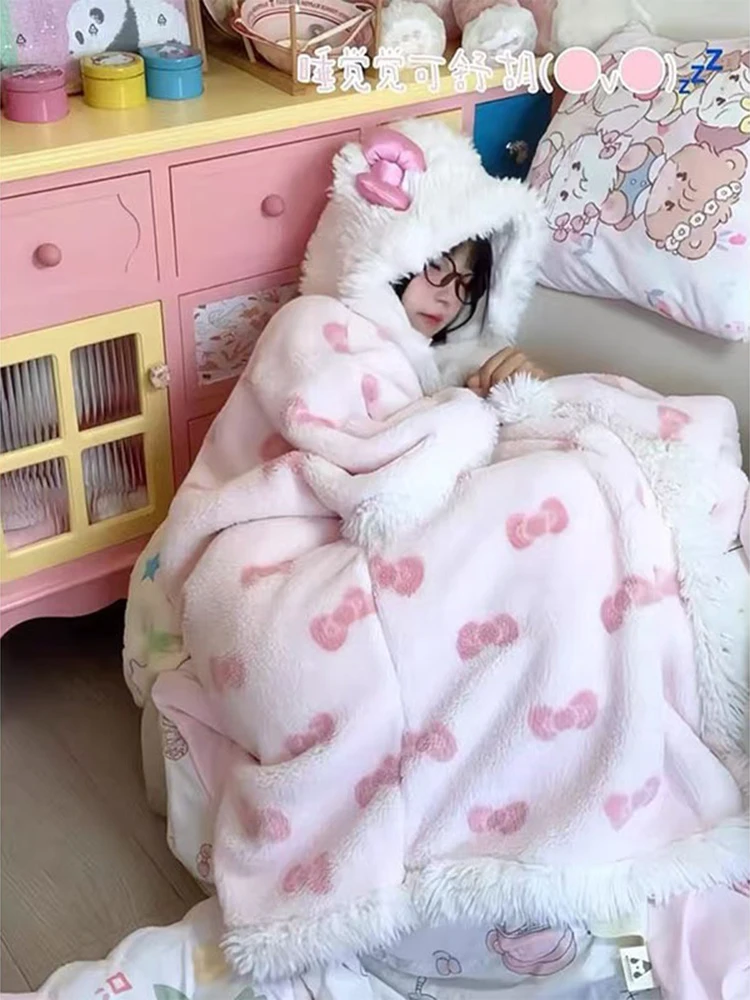 Nuevo Pijamas nuevos de gato Hellokitty para mujer, terciopelo Coral, moda bonita de invierno, Cosplay, capa cálida gruesa, camisón, ropa de descanso, regalo