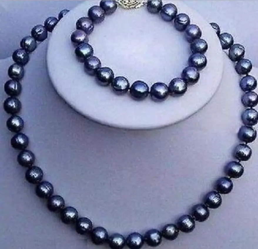 

stunning 8-9mm tahitian black pearl necklace bracelet set 14k