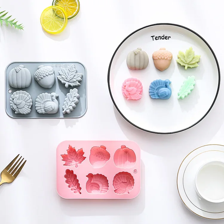 

VERIDIAN 6 Cavities Thanksgiving Day Silicone Molds, Turkey Pumpkin Oak Fruit Leaves Fondant Chocolate Mold Cake Decoration