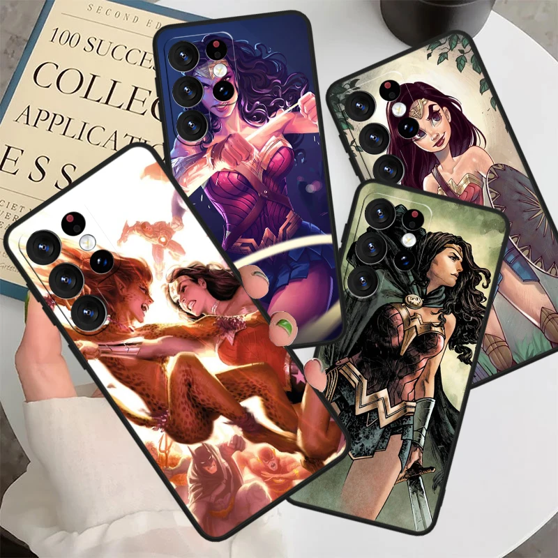 Cute Wonder Woman For Samsung S24 S23 S22 S21 S20 FE S10e S10 S9 Ultra Plus Plus Soft Silicone Black Phone Case