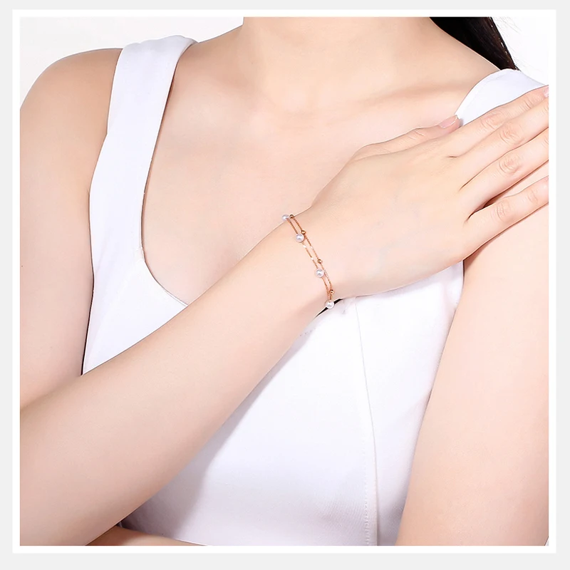 Imagem -02 - Real 18k Rose Gold Charm Bracelet para Mulheres Dois Fios Au750 Real Pearl Presente de Casamento