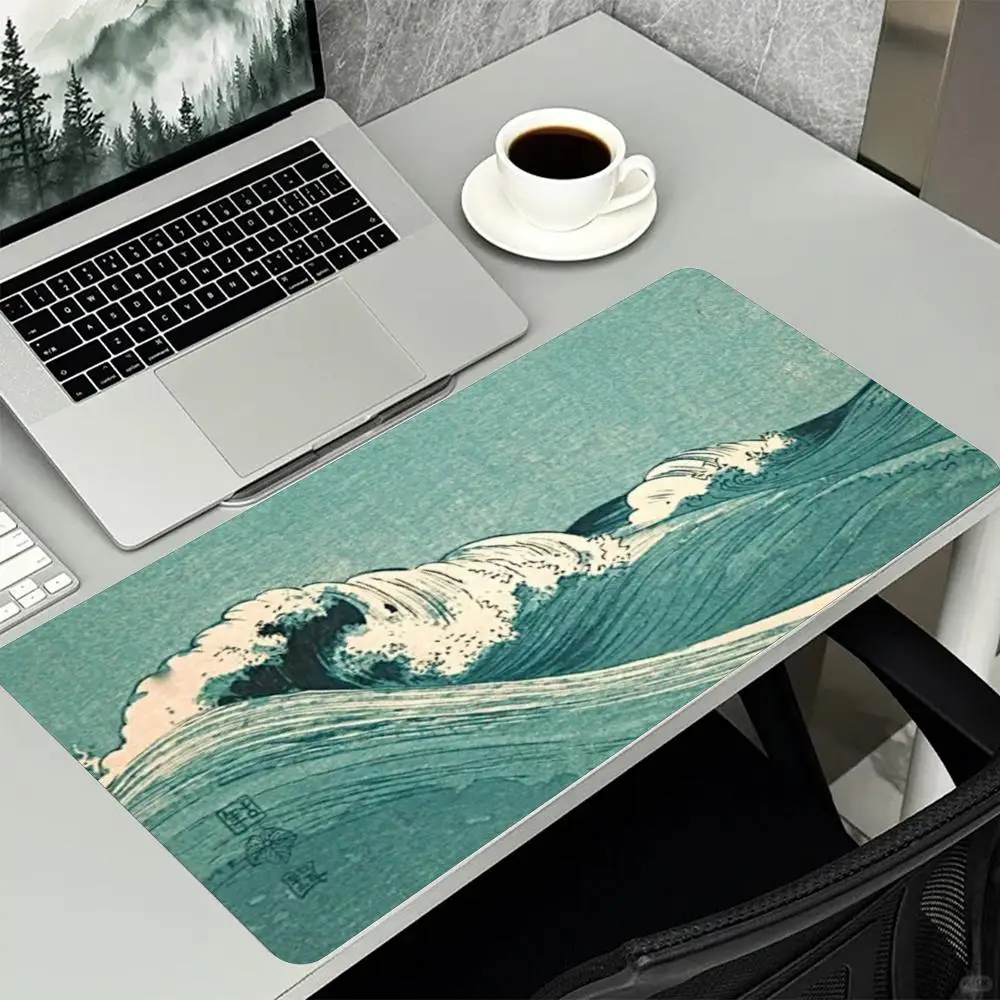 Large Gaming Mouse Pad Black Blue Ocean Waves Gold Butterfly Desk Mat Non Slip Locked Edge Keyboard Pad for Gamer Office Use