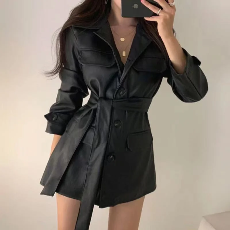 Autumn PU Leather Lady Outwear Korean Fashion Leather Female Jacket Medium Long Styles Faux Leather Women Tops