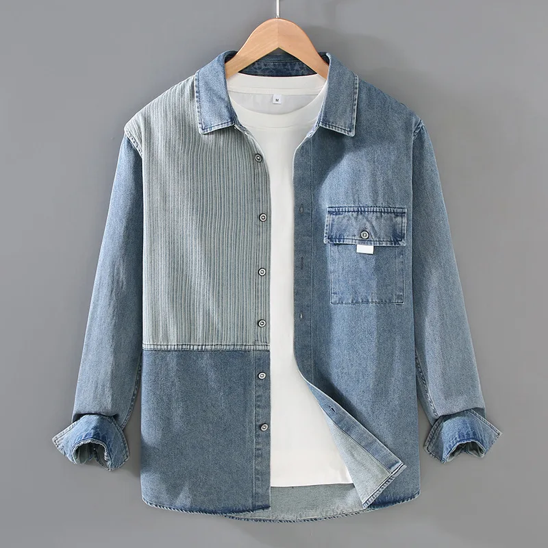 

Loose Fit Long Sve Striped Denim irt Men's Spring Autumn Casual Faion Splicing Cotton Blend Fabric Turn down Collar