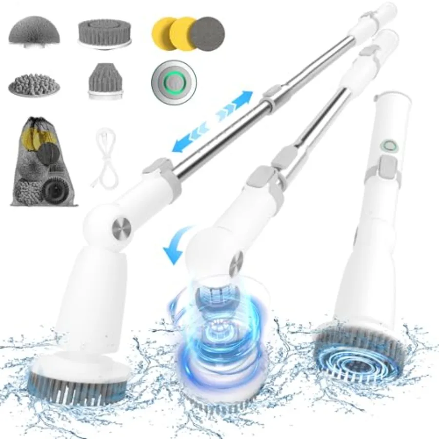 

Электрический вращающийся скруббер, скребок для душа, беспроводная щетка для чистки, 6 сменных насадок, 2 скорости, регулируемый, съемный H