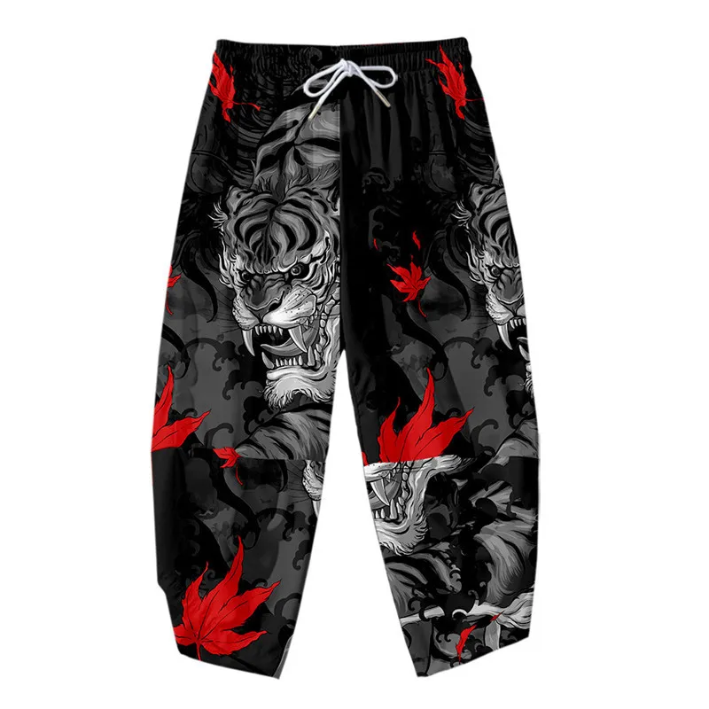 Cartoon Tiger Skeleton Printed Men Japanese Harem Trousers Casual Elastic Waist Kimono Cropped Pants Streetwear
