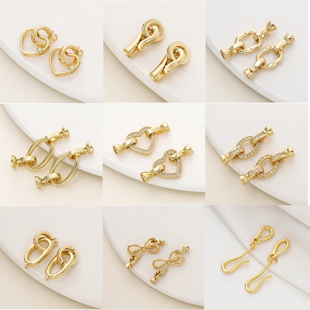 

2/4pcs 14/18K Gold Plated Brass Heart Bowknot Fasteners Closure Lock Connector Clasps For DIY Needlework Pearls Jewelry Making