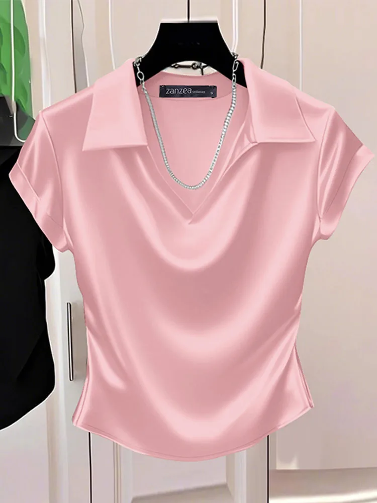 

2025 ZANZEA Elegant Women OL Work Blouse Summer Fashion Shirt V Neck Short Sleeve Satin Tops Stylish Solid Slim Fit Blusas Tunic