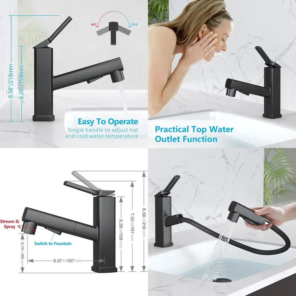 

Matte Black 1-Hole Bathroom Faucet with Single Handle and 3 Spray Modes, Including Pull-Down Sprayer and Fountain Feature