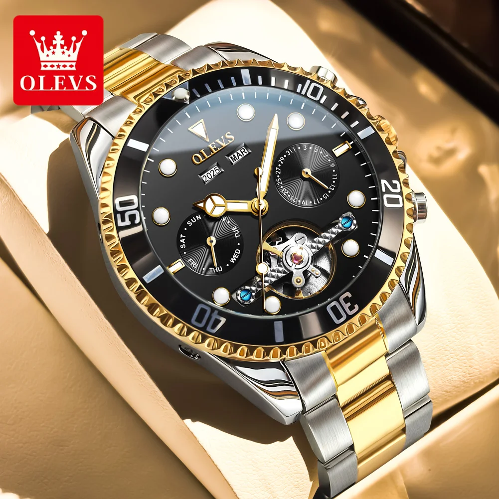 

OLEVS 6605 Men's Mechanical Watches Stainless Steel Diver Series Skeleton Flywheel Luxury Brand Original Automatic Watch For Man