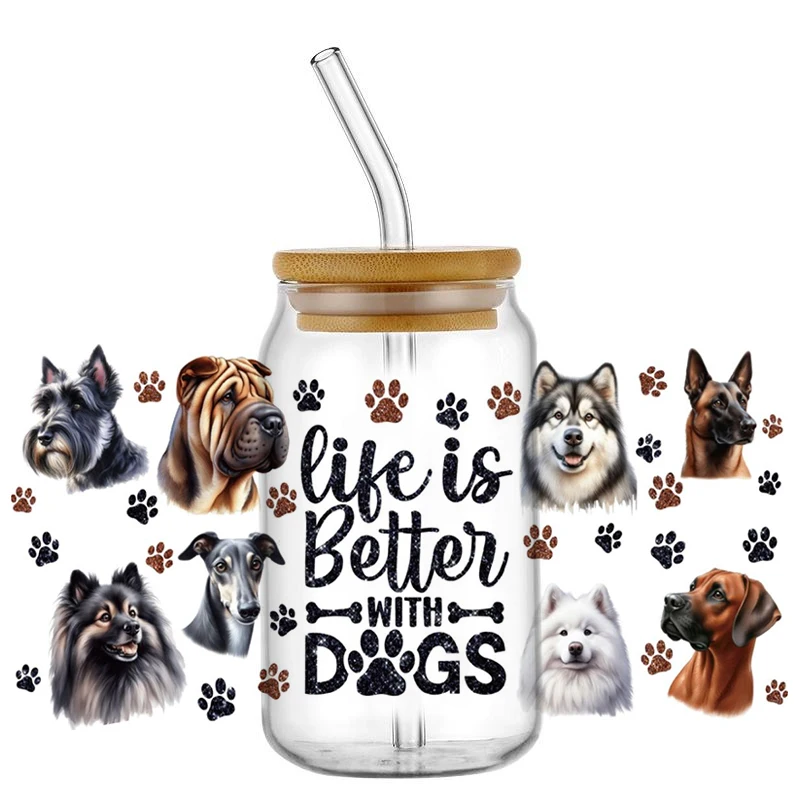 Life is Better with Dogs UV DTF Wraps, Multi-Breed Dog & Paw Print Stickers for 16oz Glass Cans, Waterproof DIY Decals
