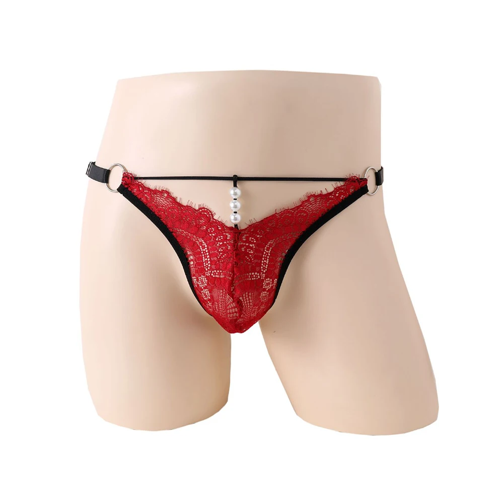 Men Sexy Lace G-String Sissy Bulge Pouch Thongs Hollow Underwear T-back Low Rise Briefs Seduction Erotic Underpants