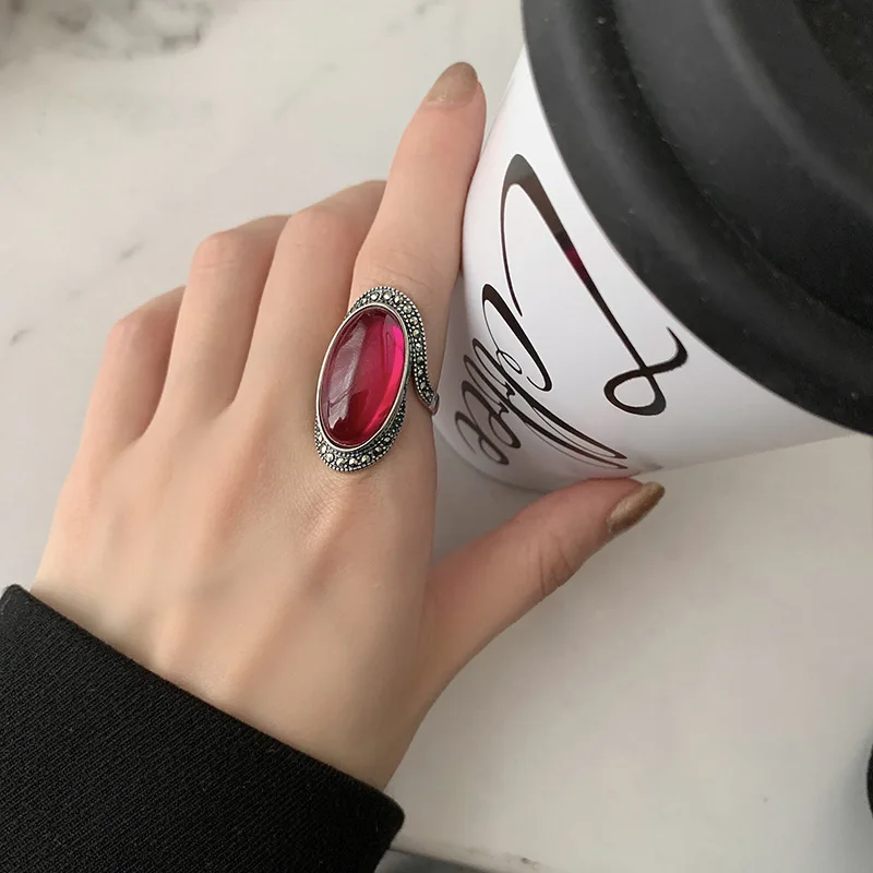 Women's Vintage Red Garnet Stone Thai Silver Engagement Ring