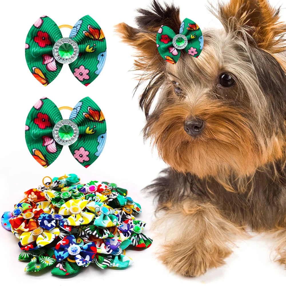 20 piezas-lazos para el pelo de perro, banda de goma colorida con diamantes, accesorios para el cabello de mascotas pequeñas, Verano