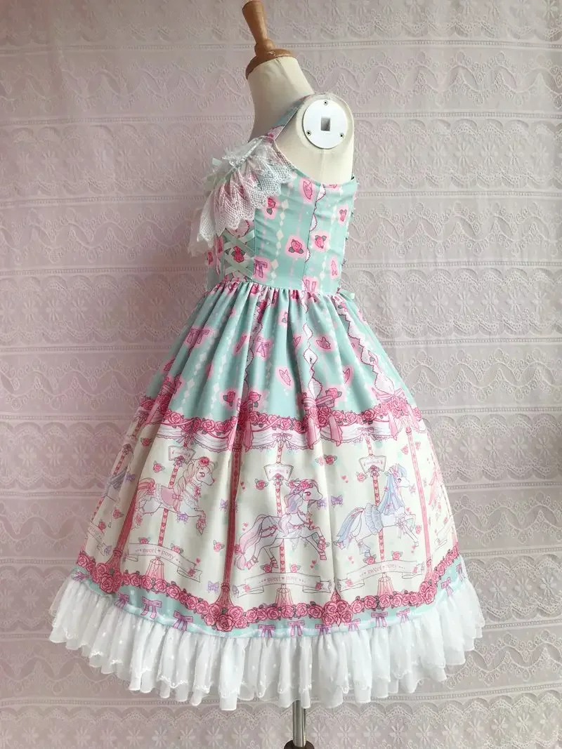 Rose & Karussell Gedruckt Süße Lolita Kleid Ärmel Midi Chiffon Kleid durch Yiliya ~ Pre-auftrag