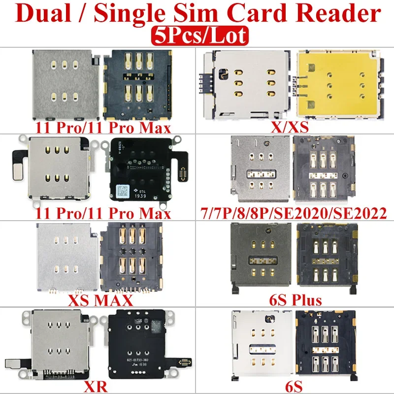 SIM Card Adapter for iPhone 11 Pro Max 12 XR XS XSMax 6 6S 7 8 Plus Sim Card Tray Socket Reader Flex Cable Dual/Single 5Pcs/Lot