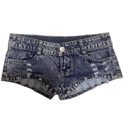 Short en jean skinny sexy pour femme, short déchiré pour filles, dentelle diamantée brillante, taille ultra-basse, pantalon chaud pour boîte de nuit