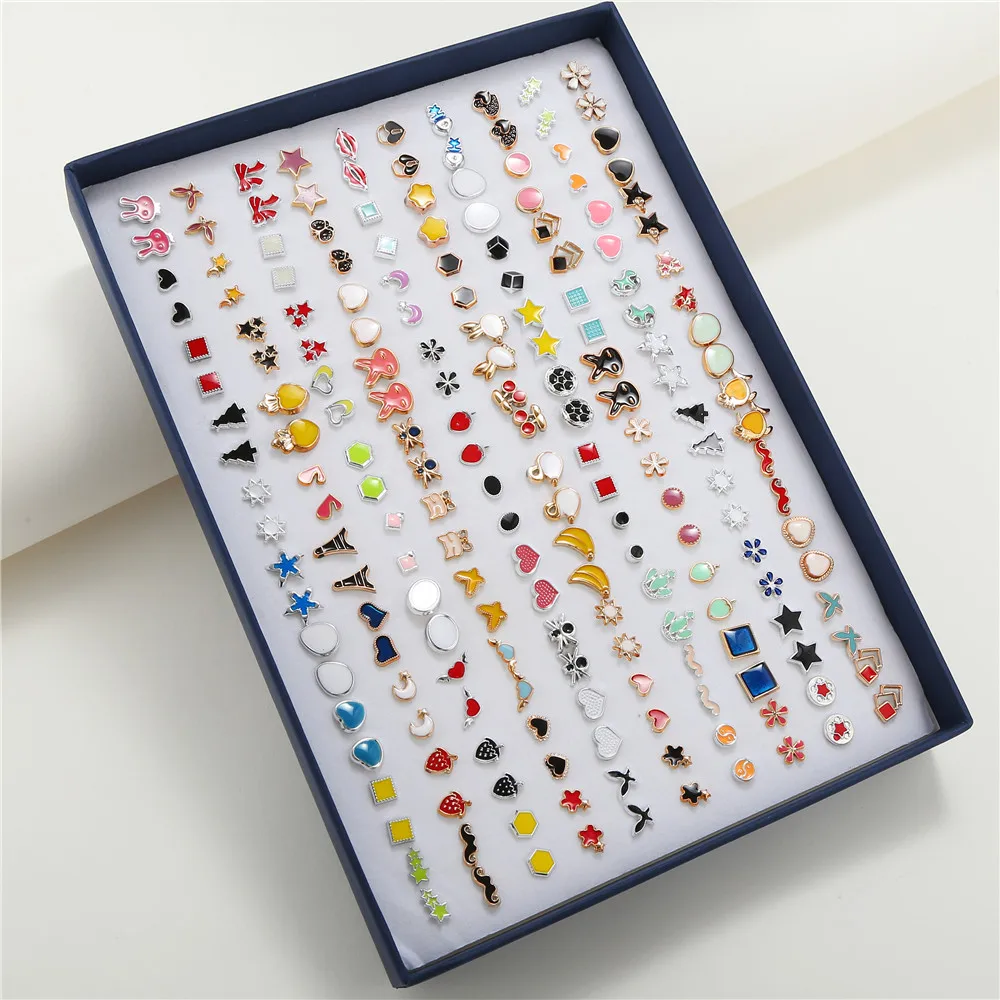 100 Pair/Lot Small Mini Stud Earring Set For Girl Love Star Animal Geometric Random Female Wedding Party Ear Jewelry Accessories