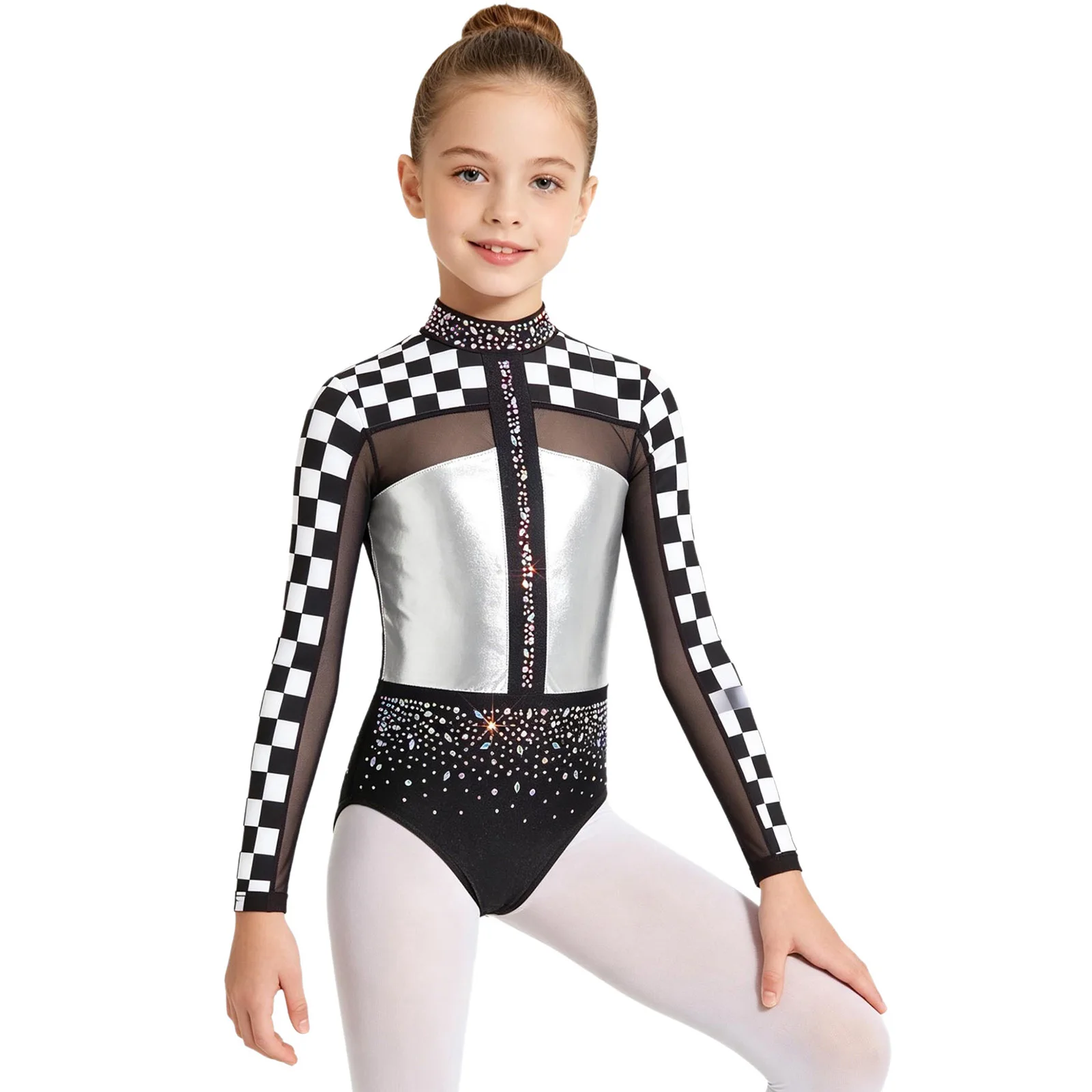 

Girls Sparkle Rhinestone Gymnastics Leotard Long Sleeve Back Cutout Patchwork Dance Bodysuit for Ballet & Performance