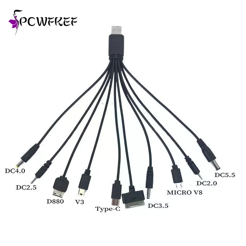 20cm Usb Power Charging Cable Wire Cord For Phone Universal 10 In 1 Micro USB DC Mobile Phone Charger Adapter Plug