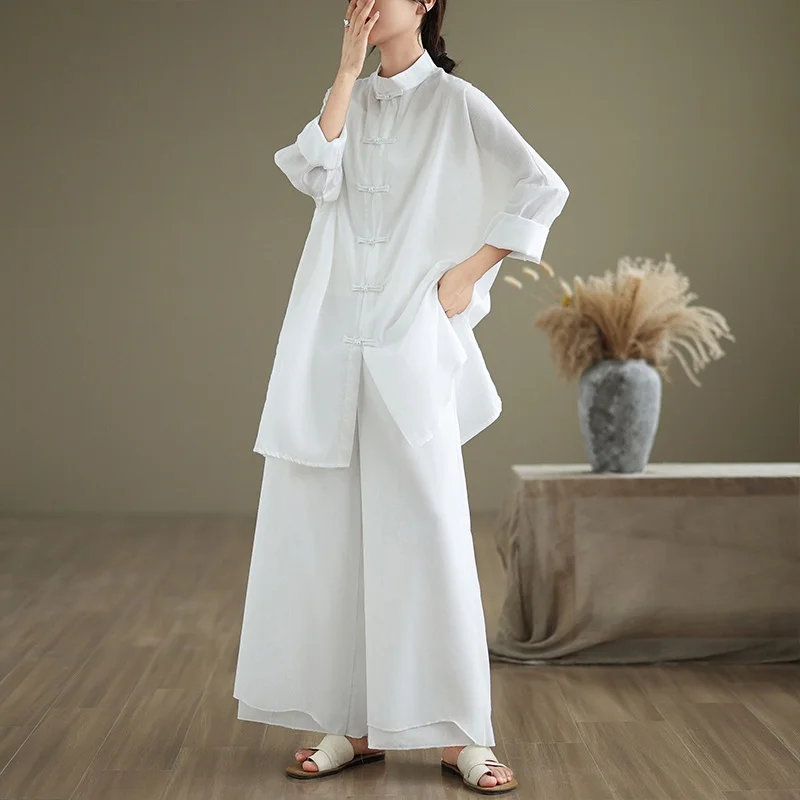 

Элегантный омолаживающий комплект для женщин: весенне-осенний, с китайскими пуговицами, свободный, тонкий, из хлопка, с длинными рукавами и брюками 7/8, модный.