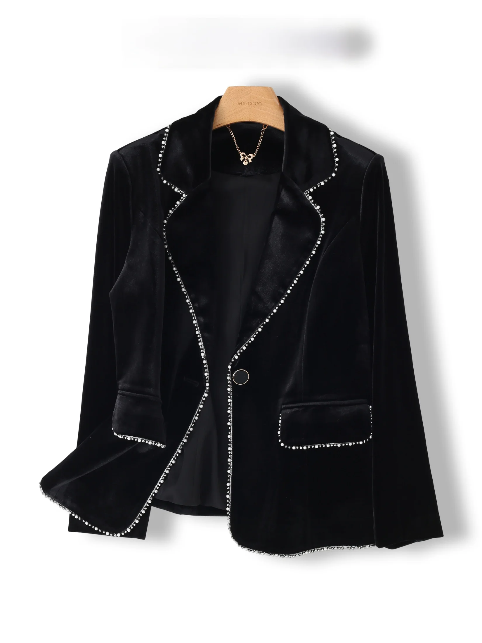 Elegant Velvet Jacket Women's plus Size Tailored Fit Collar Embellished Outerwear Comfortable Workwear Long Sleeve Coat