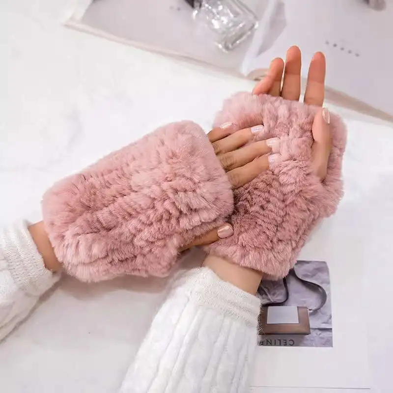Real Rex Rabbit Fur Gloves Elastic Finger Gloves Knitted Real Fur Gloves Real Fur Fingerless Gloves Handmade Knit Fur Mitten