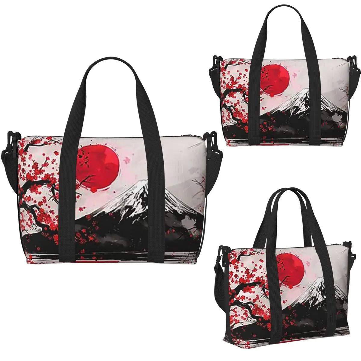 Japan Sakura Cherry Blossoms with A Red Rising Sun Beach Travel Bag Tote Bags for Gym Sport Women Shopping Duffle Shoulder Bag