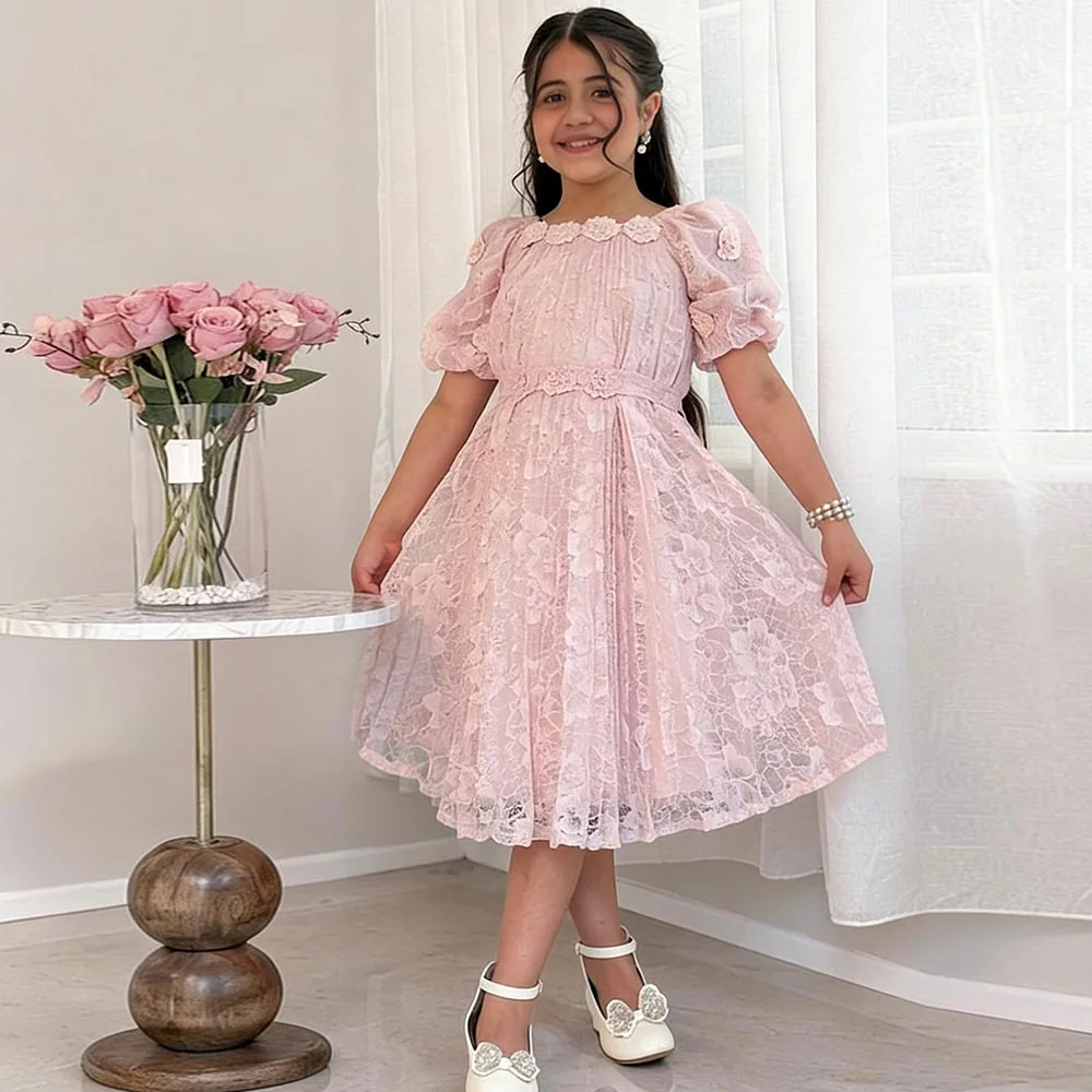 

Pink Princess Dress Lace Flower Girl Dresses Cute Dress For Girls Puff Sleeves Birthday Dress Applique Short Kids' Dresses