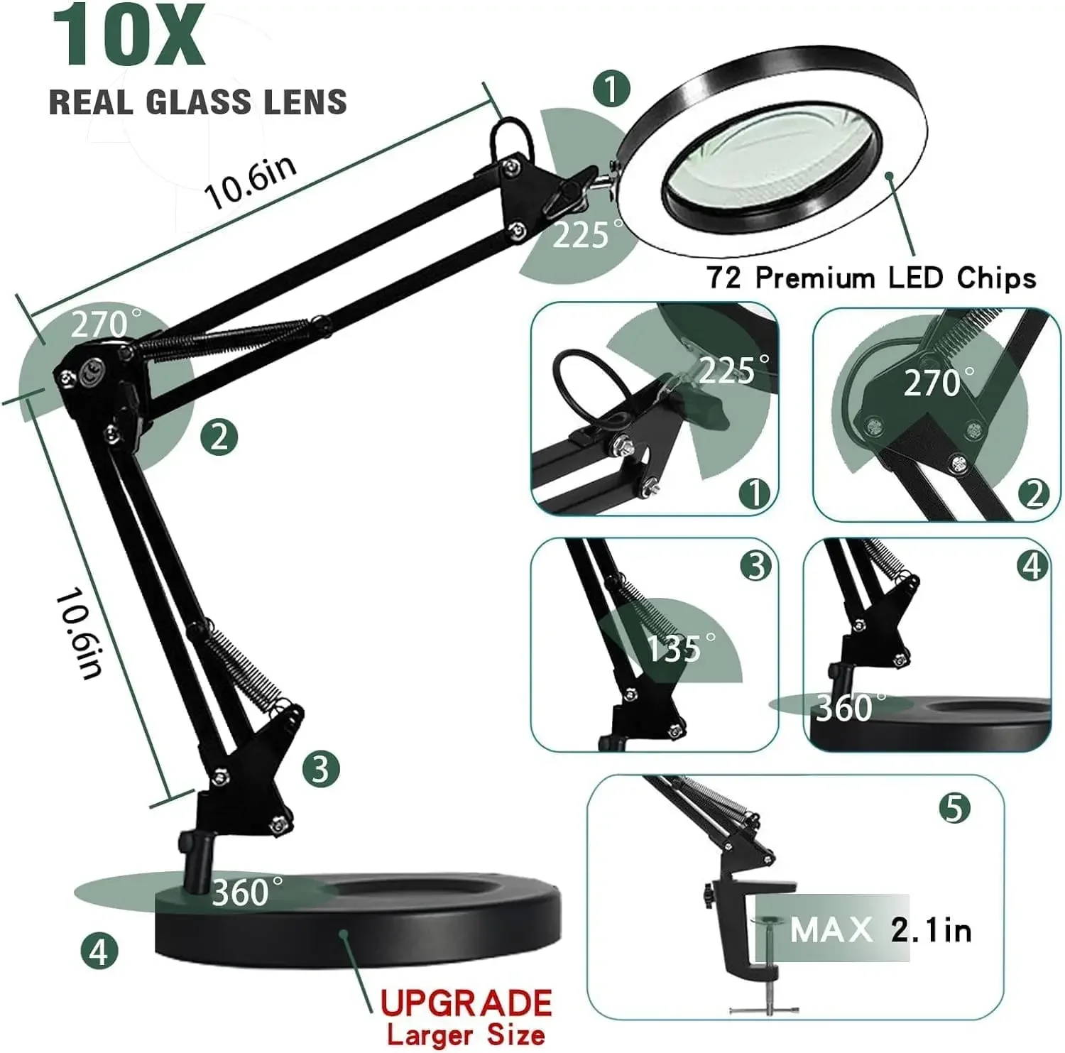 ライトとスタンド付きの拡大鏡,10倍の拡大鏡,クランプ付きの2 in 1デスクランプ,3色モード