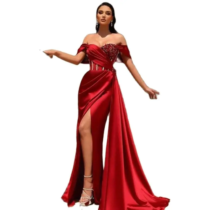 

Sexy Burgundy Off Shoulder Satin Evening Dress Mermaid for Women Slit Coret Pleated Backless Evening Party Gown